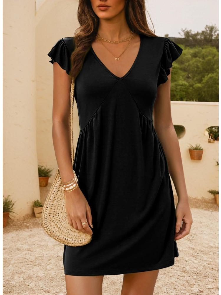 Women V Neck Cap Sleeve Shift Dress Solid Color Casual Loose Fit Summer Dress