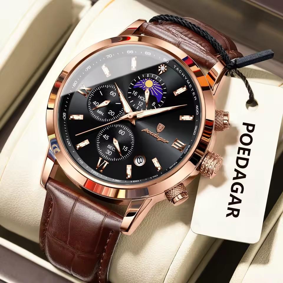 POEDAGAR Luxury Sports Watch for Men Waterproof Luminous Date Chronograph Wristwatch Leather Quartz Watches Reloj