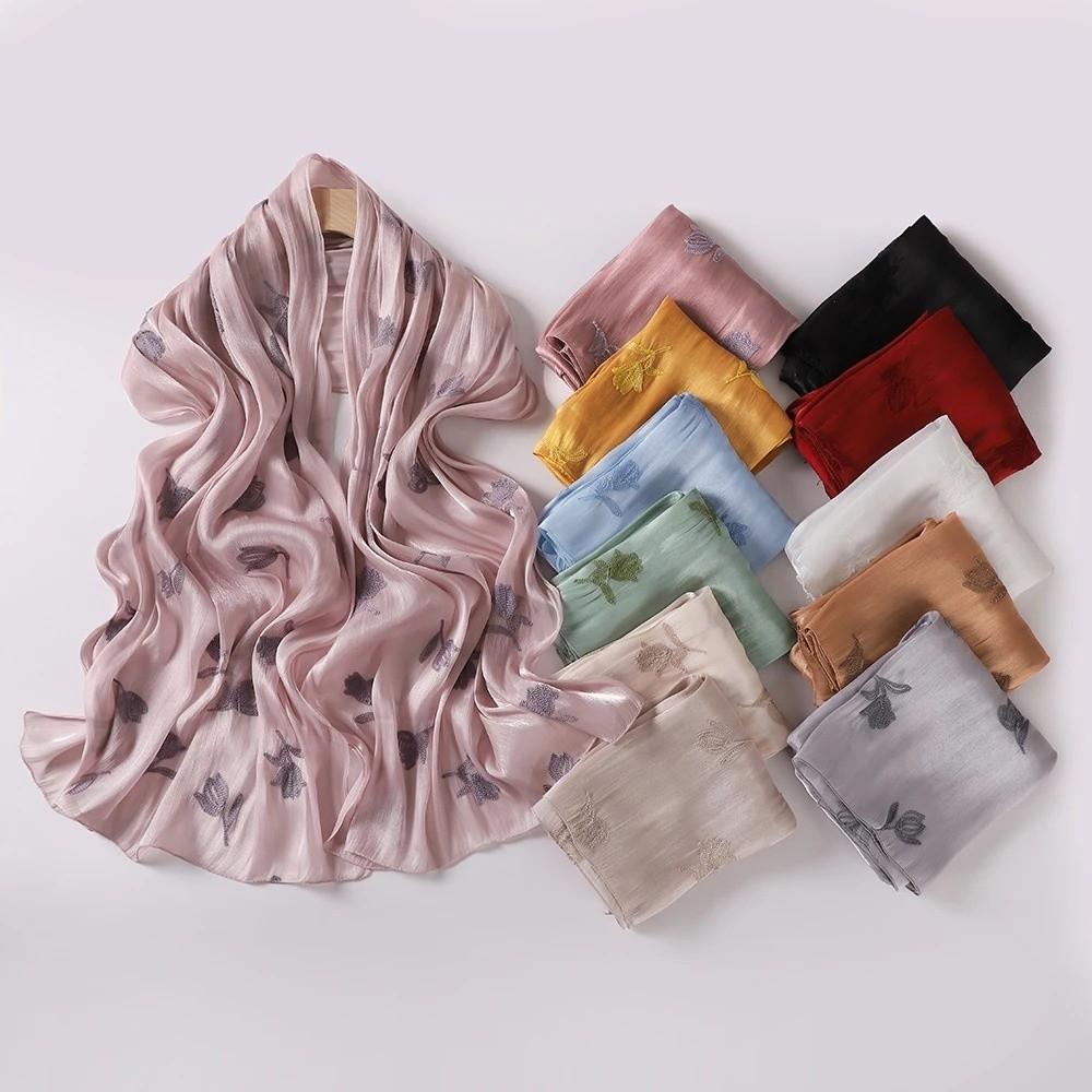 Glitter Floral Embroidery Hijab 70*175CM Crinkle Plain Scarves Fashion Islamic Head Wrap  For Women