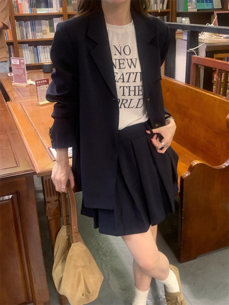 Early Spring Autumn Korean French Retro Academy Style Women s Suit: Jacket + Pleated Skirt. M