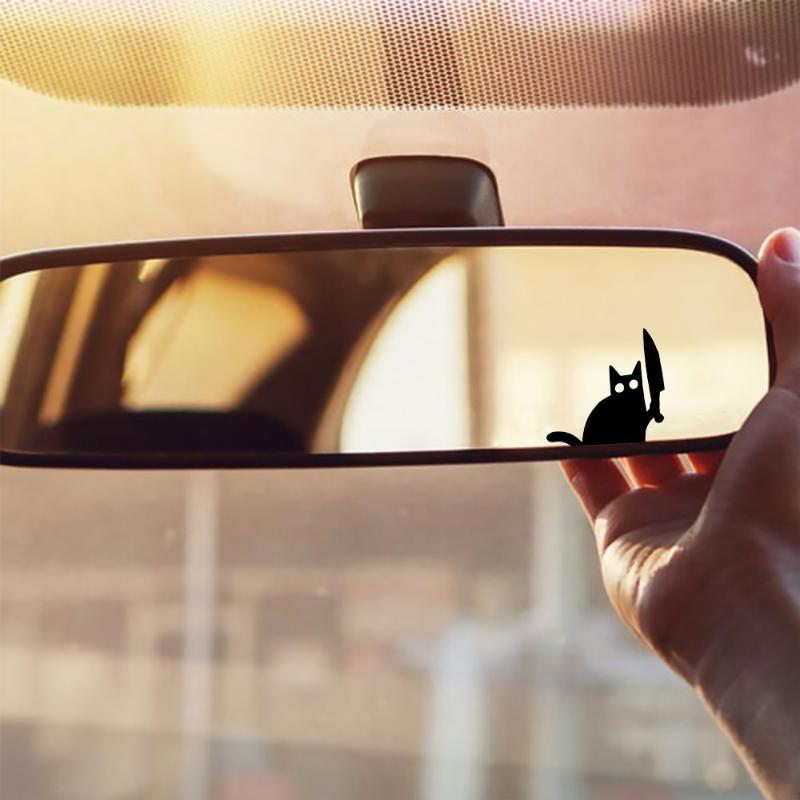 Funny Cartoon Black Cat With Knife Car Rearview Mirror Sticker Waterproof Decal Auto Window Bumper Decor Car Accessories