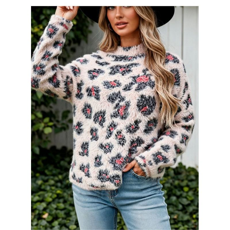 Womens Fall Winter Soft Fleece Floral Knit Sweater Round Neck Long Sleeve Pullover