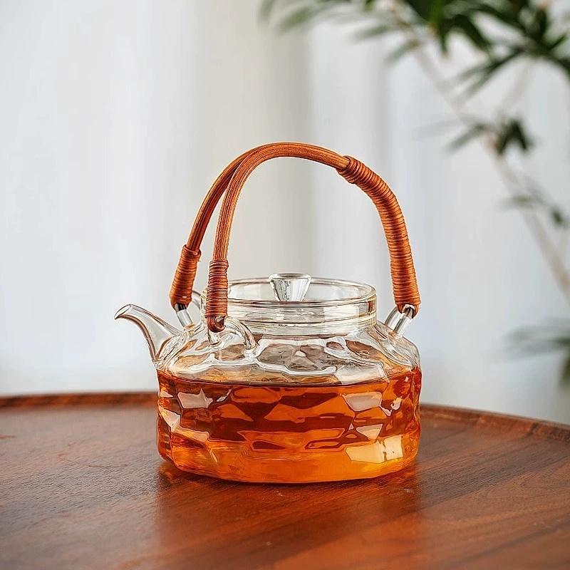800ml Rattan Woven Handle Irregular Surface Heat-resistant Glass Teapot Boiling Flower Puer Oolong Tea Pot Kungfu Tea Set
