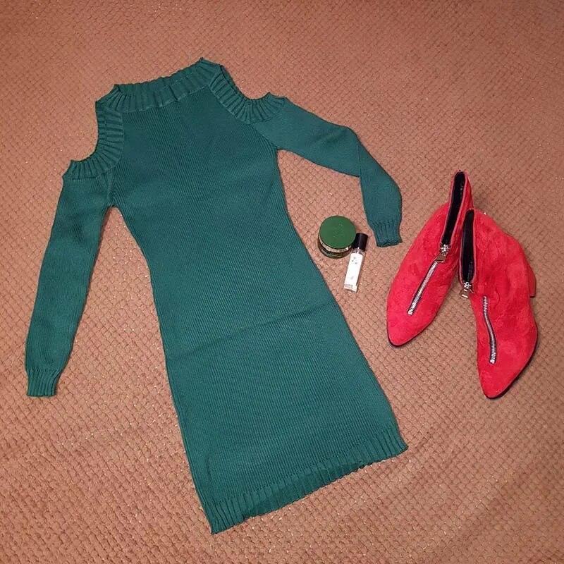 Schulterfreies, langärmliges Strickkleid für Damen, sexy und eng anliegender Strickpullover, Hüftwickel-Unterziehpullover, ausgehöhlt, mittellang