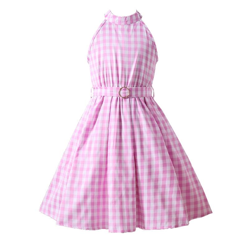 Vestito da bambina senza maniche a quadri rosa con scollo all'americana - Stile europeo e americano