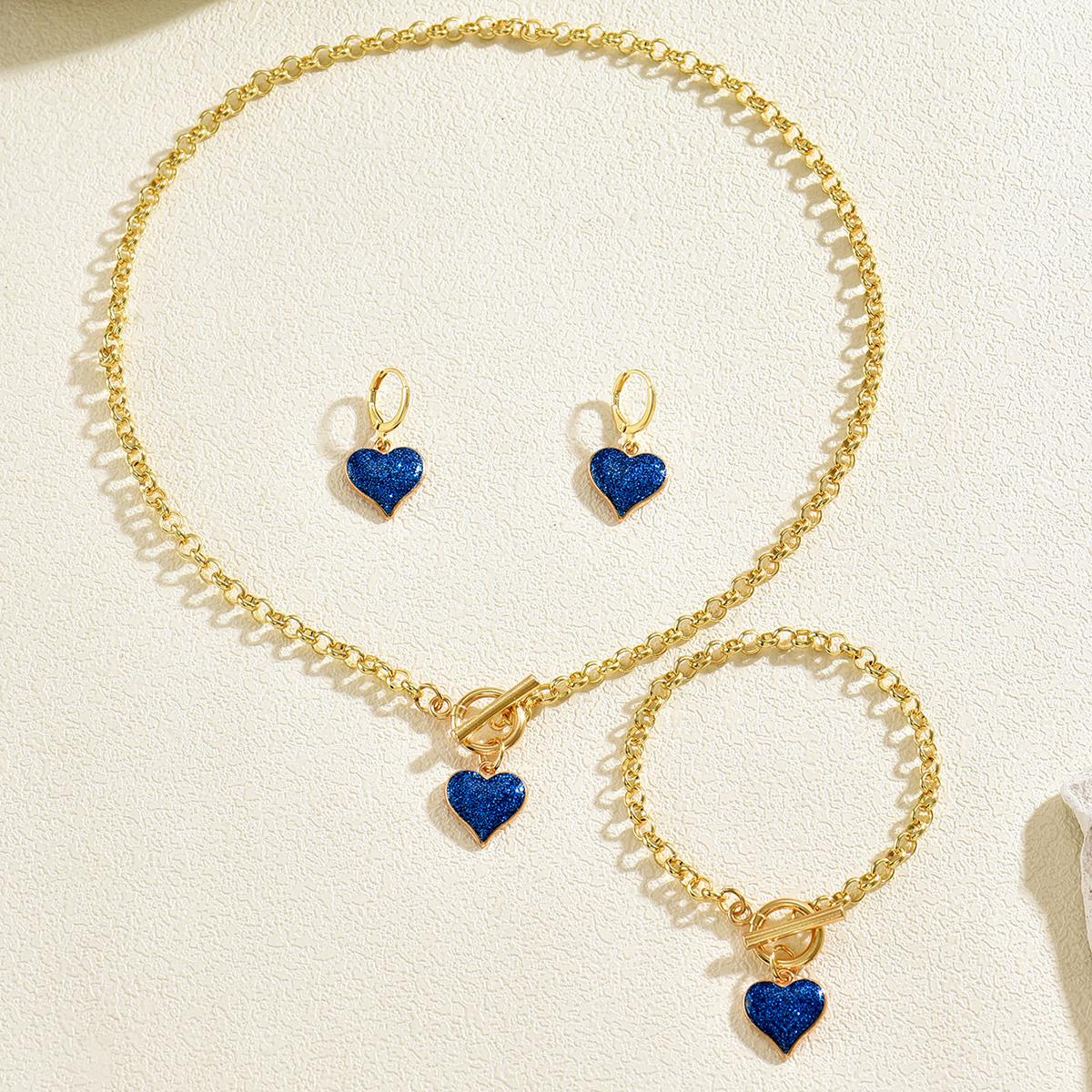 

Chic Blue/Yellow/Purple/Red Glitter Heart Jewelry Set Toggle Clasp Necklace Bracelet Earrings For Women Daily & Bridal Wear