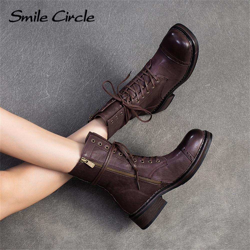 Genuine Leather Women Boots Lace Up Round Toe Short Boots Comfortable Fashion Casual Boots