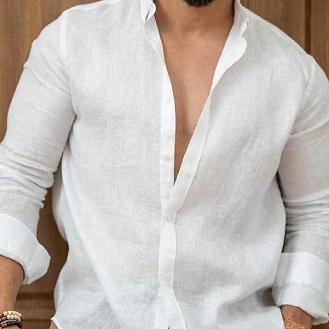 2023 Men's Cotton Linen Solid Color Casual Cardigan Shirt