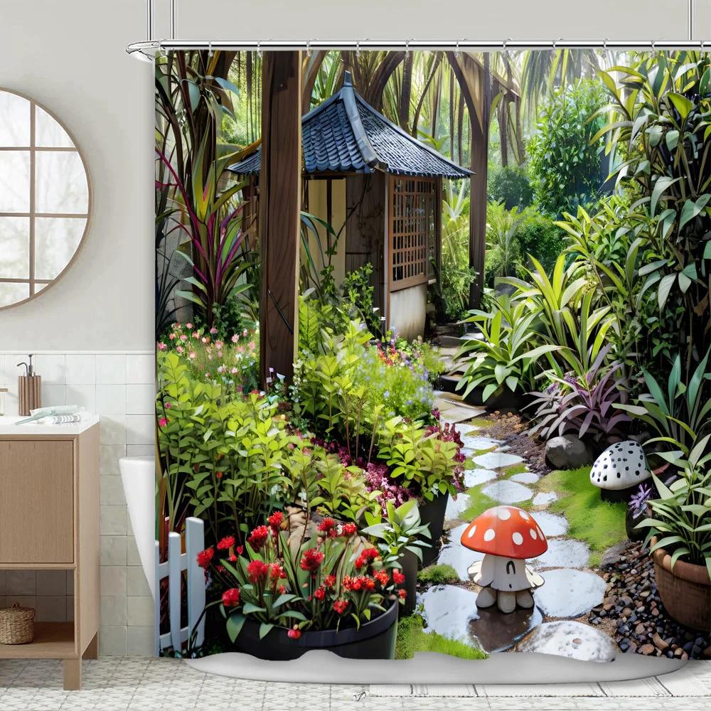 Garden Scenery Shower Curtain Mushroom Jungle Nature Plants Flower Patio Forest Green Leaf Polyester Bathroom Decor Curtains Set