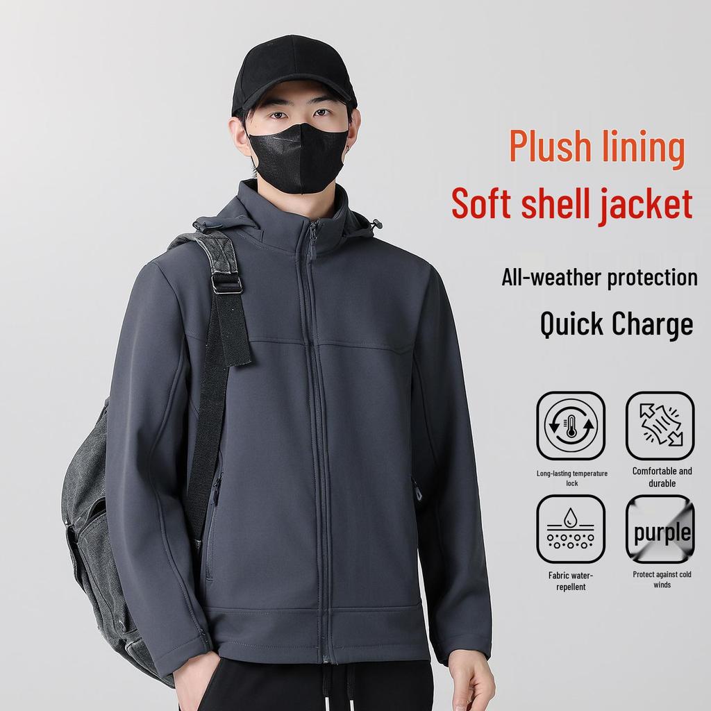 Men's Winter Softshell Jacket with Detachable Hood, Fleece-Lined, Windproof, and Warm - Plus Size Available