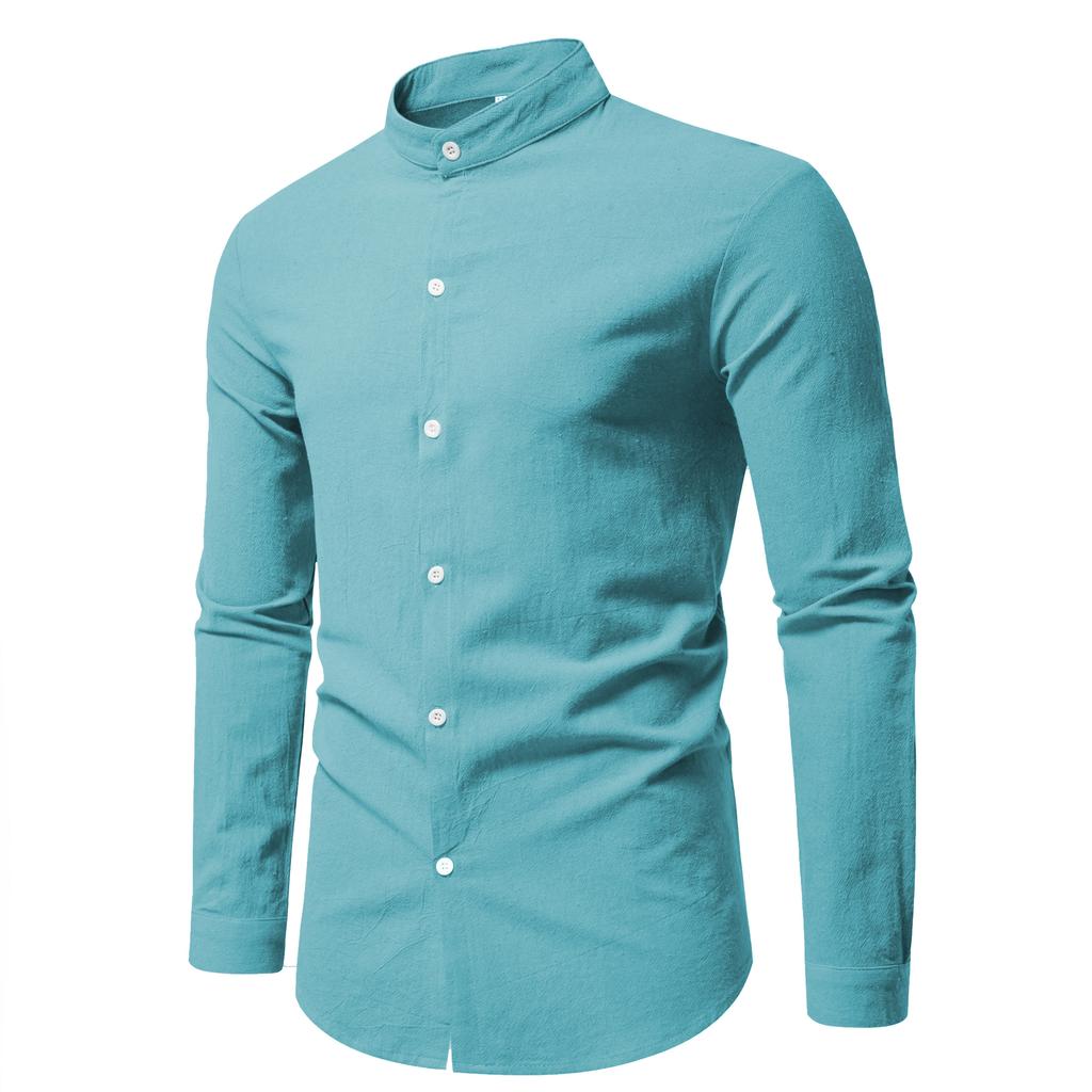 Spring Men's Long Sleeve Stand Collar Solid Color Casual Shirt Men's Pure Cotton Fashion Cardigan
