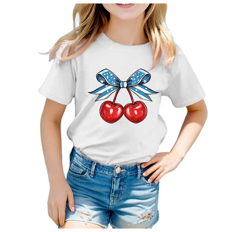 Fruit Cherry Print New Childrens Clothing Style Childrens Shortsleeved Tshirt Printed Round Neck Burst Girls Tshirt