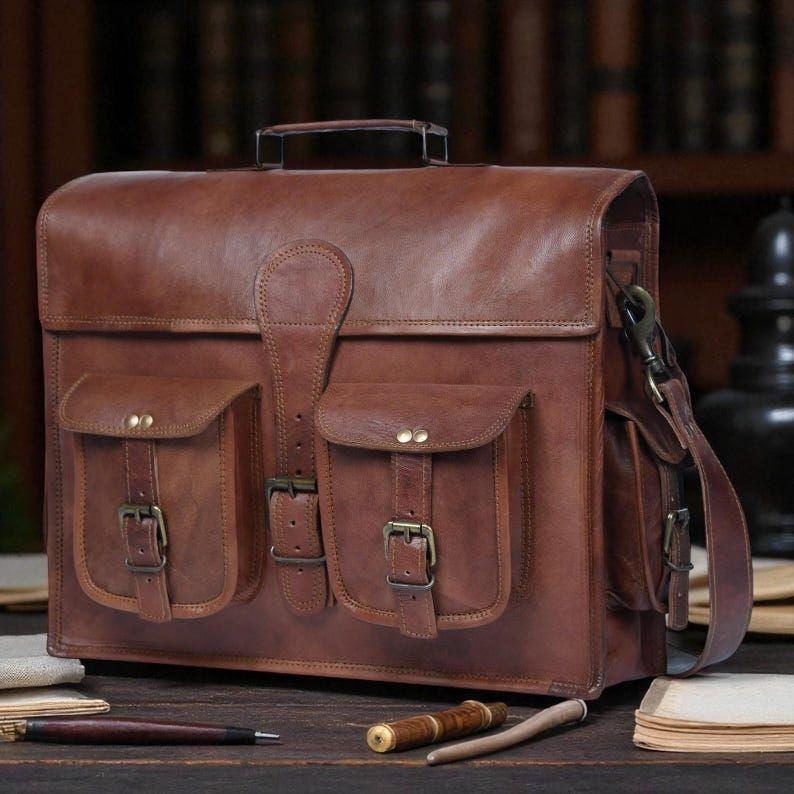 Handmade Vintage Leather Messenger Bag – Genuine Goat Leather Crossbody Laptop Satchel for Men & Women | Rustic Brown Briefcase