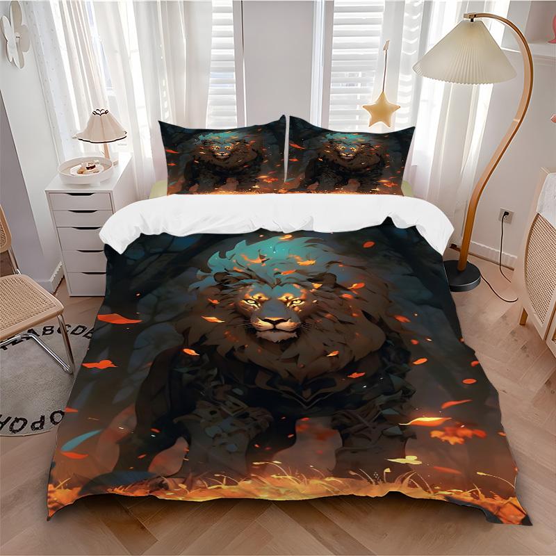 3pcs Lion Fantasy Artwork Bedding Set - 1 Duvet Cover + 2 Pillowcases(Core Not Included), Machine Washable Polyester, All-Season Comfort, Be
