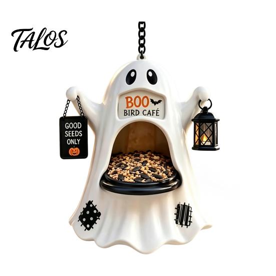 Holiday Garden Pendant Halloween Ghost Bird Feeder, Outdoor Hanging Big Mouth Wild Feeding Decor Station, Spooky Resin Statue for Outside Backyard