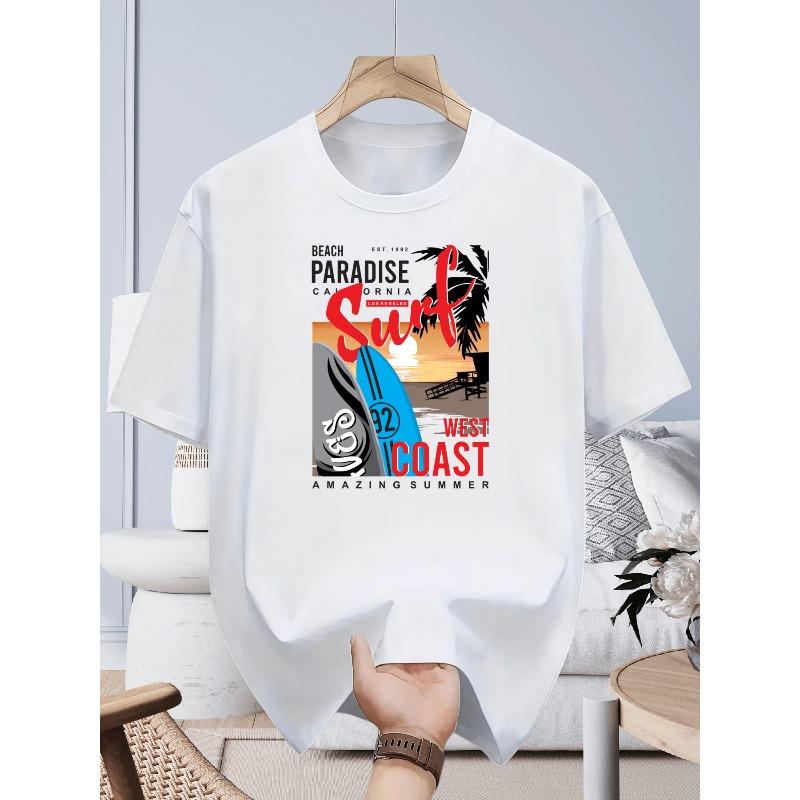 Men's 'California West Coast Surf Beach Paradise' Graphic T-Shirt | Summer Surf Tee, Oversized Casual Short Sleeve Tops