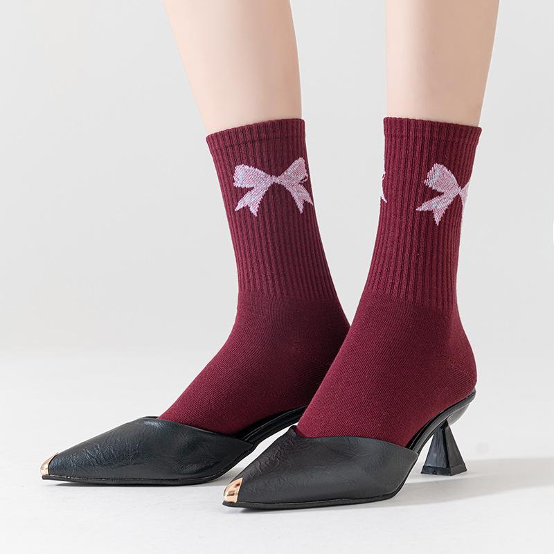 

Ladies Spring and Autumn New Year Festive Lovely Bow Long Cotton Socks 1 pair