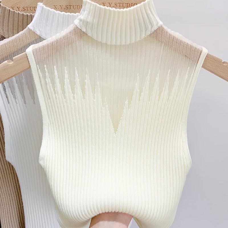 Mesh Knitted Top Women Tank Top Half Neck Vest Female Sleeveless Sweater Chic Cut Out Streetwear Solid Skinny Tube Top