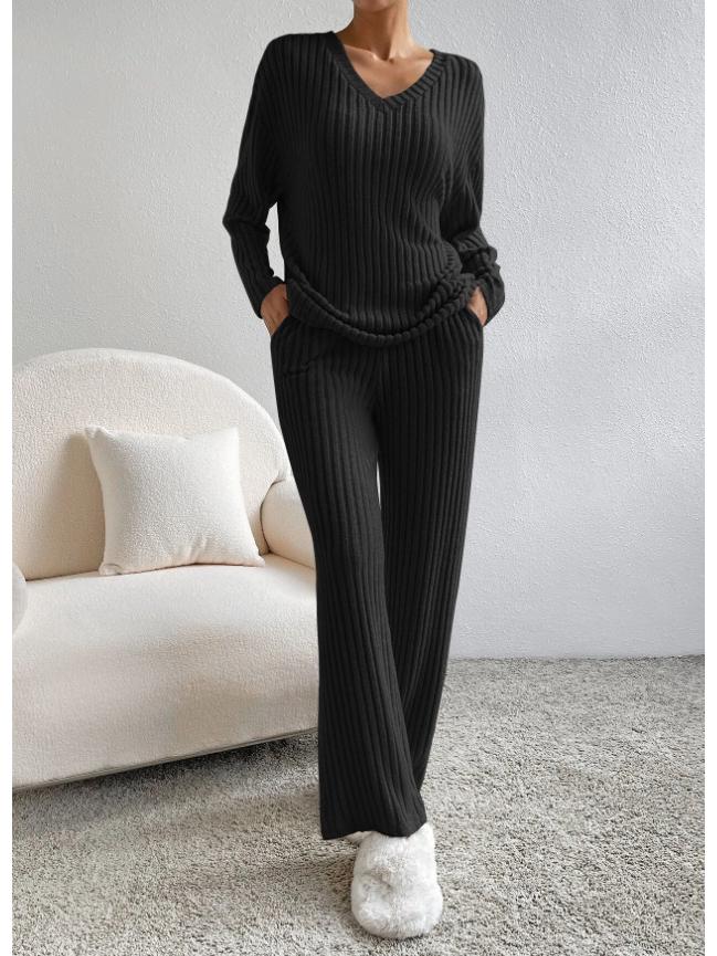 Women's 2024 Autumn V-Neck Rib-Knit Set with Casual Straight-Leg Pants In Macaron Colors