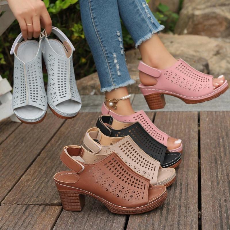 

New Retro Engraved Shoes with An Open Fish-mouth Thick-heeled Velcro High-heeled Sandals 43 коричневий