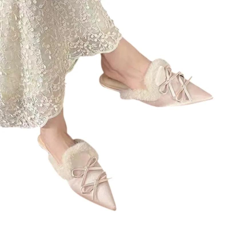 Fashion Bow Suede Women Flats Fur Slipper Pointed Toe Mules Shoes Winter New 2025 Trend Sexy Elegant Flip Flops Dress Slingback Zapatos