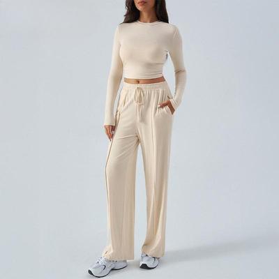 Autumn Y2K Women's Temperament Round Neck Long Sleeve Top Wide Leg Pants Suit