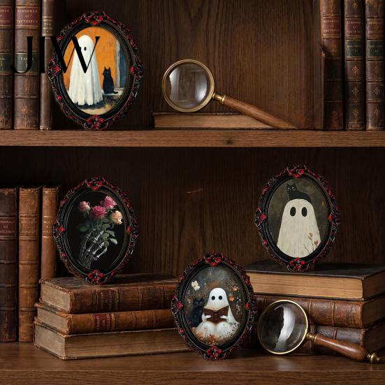 Vintage Style Seasonal Ornaments Halloween Wooden Refrigerator Magnets, Gothic Oval Frame Fridge Magnets with Witch Small Holiday Souvenirs
