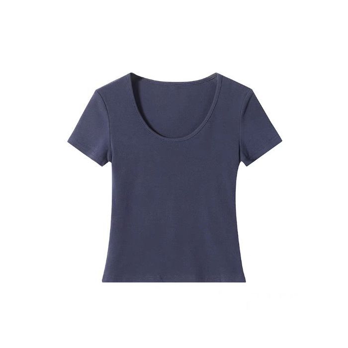 

Korean front shoulder u-neck short-sleeved T-shirt women s summer inner fit slim and thin simple knitted niche student top L (recommended 57.5-65kg )