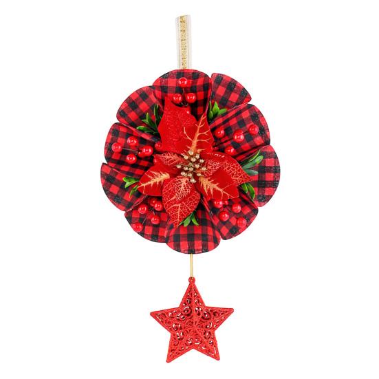 Christmas Wreath Decoration Red Artificial Poinsettias Buffalo Plaid Wreath with Star/Tree Ornament for Wall Window Porch Door Indoor Outdoor Decor