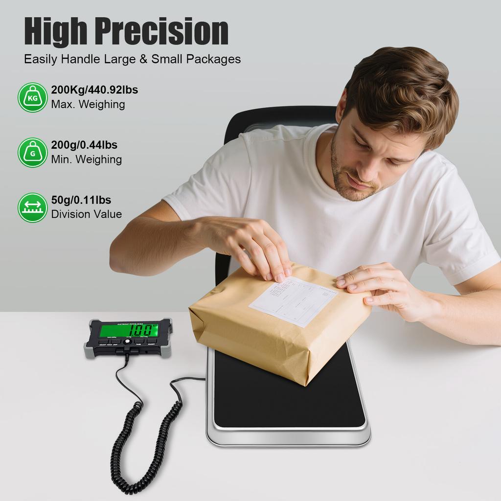 Digital Postal Scale 200kg/440lb, High Precision Shipping Scale with Hold/Tare, LCD Display, USB/Battery for Warehouse Business