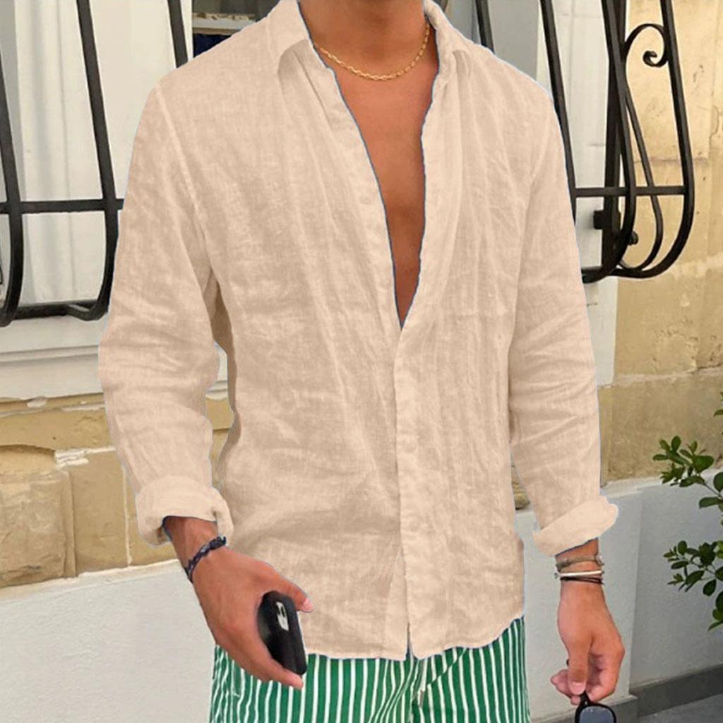 Summer Men's White Linen Long Sleeve Shirt - Casual Dailywear Lightweight and Comfortable Perfect for Vacations
