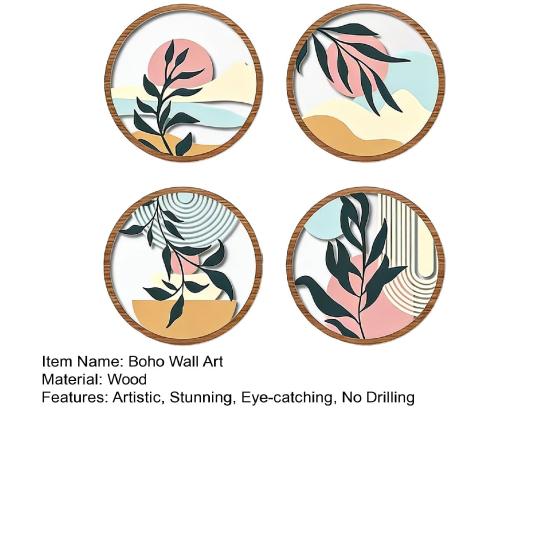 4 Pcs Boho Wall Art Round Bohemian Sunset Wooden Minimalist Poster for Farmhouse Abstract Plant Hollow Out Wall Hanging Decor for Living Room Bedroom