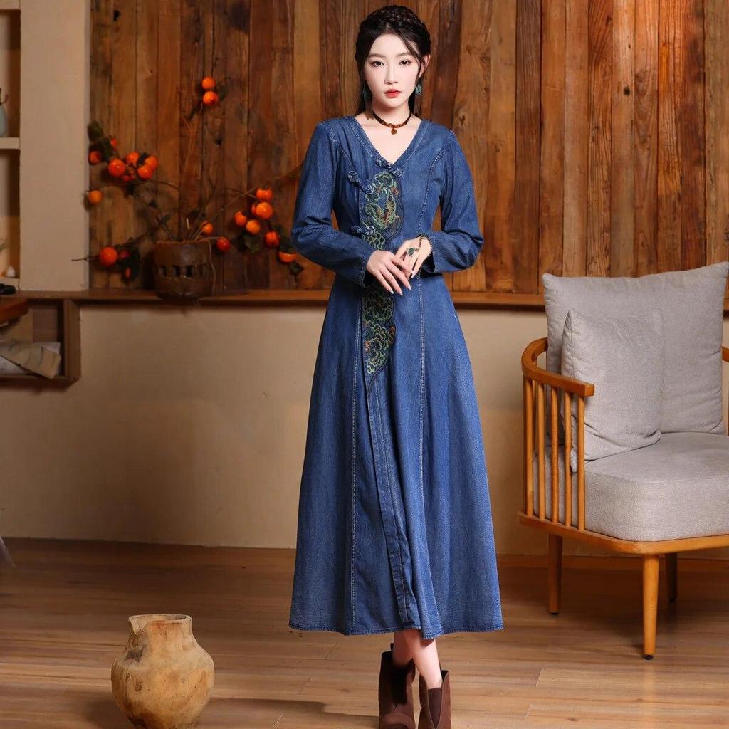 Johnature Dame Vår Kinesisk Stil Spenne Forbedre Vintage Broderi Bomull Lange Ermer A-Linje Kjole