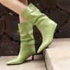 Kozaki marszczone Damskie Kozaki do połowy łydki ze skóry lakierowanej Szpiczasty nosek Dziwne buty 2024 Jesień Zima Obuwie