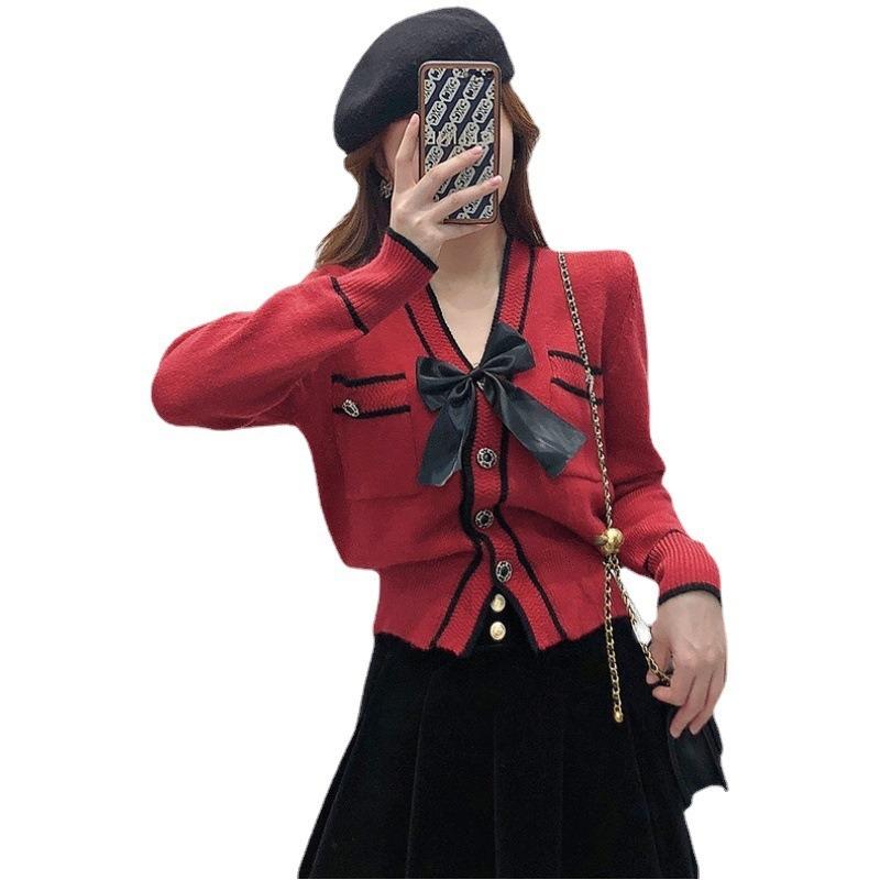 Red sweater women's spring and autumn fashion new chic coat women's Hong Kong flavor trendy bow knitted sweater women