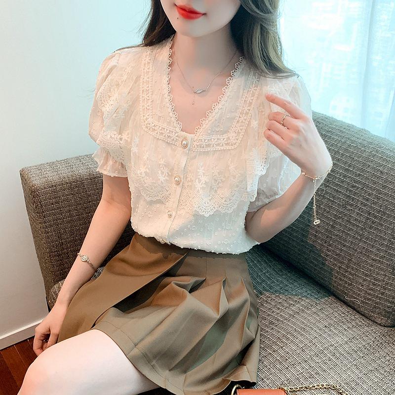 Top de Encaje Francés con Cuello en V y Manga Abullonada para Mujer - Elegante Estilo Veraniego