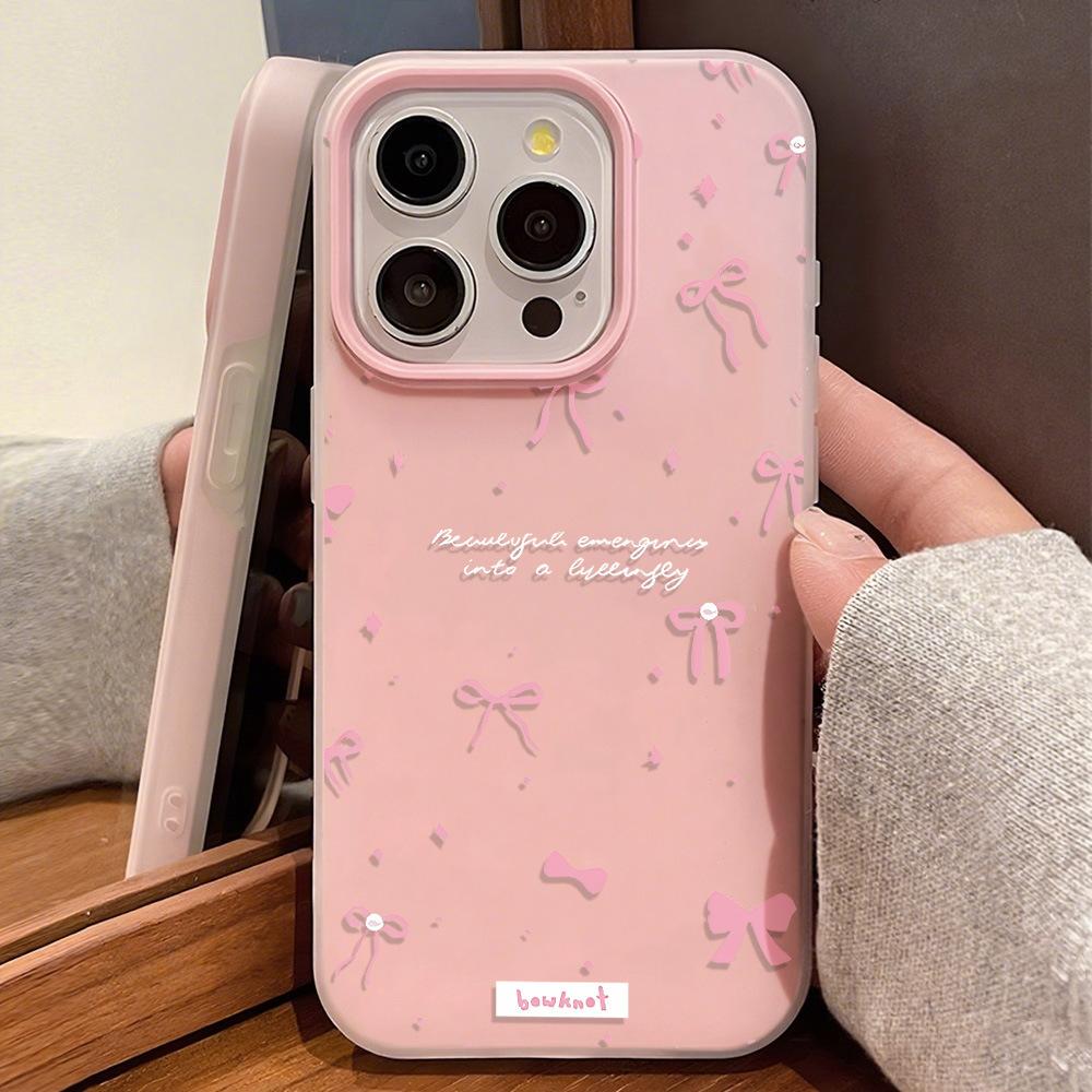 Applicable to iPhone17ProMax Korean style pink bow mobile phone protective case iPhone16 niche large hole x