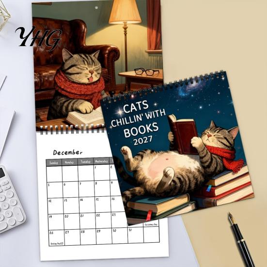 Academic Year Wall Planner 2027 Reading Cat Calendar, 7.87 x Inch Monthly Hanging Large Writing Grid with Thickened Paper And Spiral Binding for Home