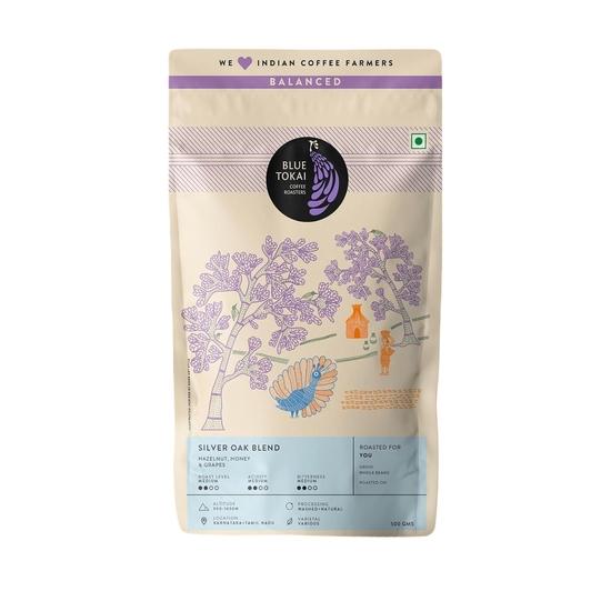 Blue Tokai Coffee Roasters Silver Oak Cafe Blend - Medium Roast | Whole Beans 500G Pouch| Rich & Smooth Coffee Blend | 100% Arabica Beanss 500GM