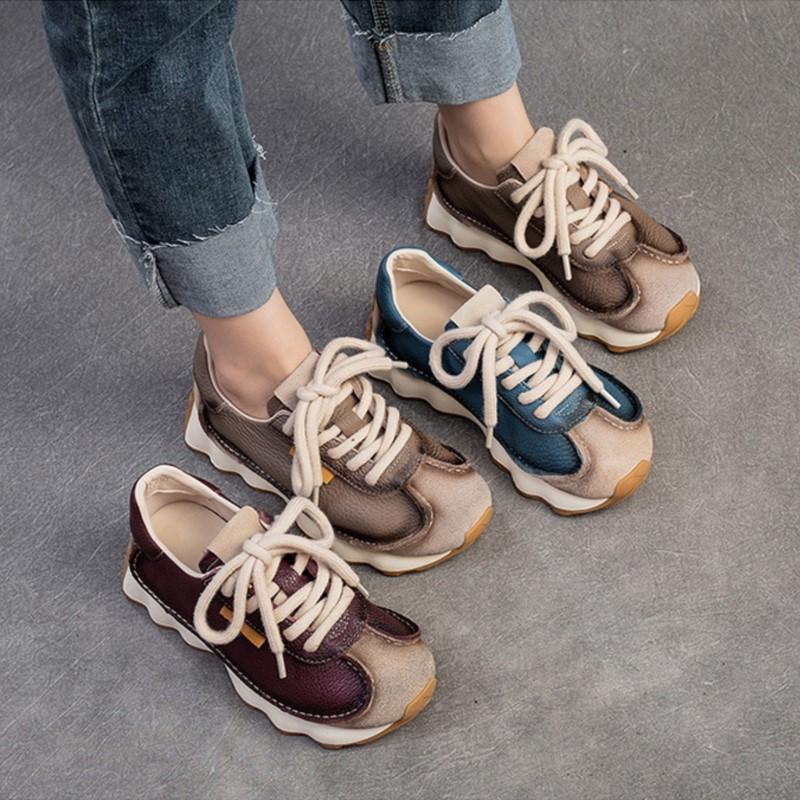 Johnature Genuine Leather Sneakers Versatile Casual Sports Shoes Round Toe Lacd-up Women's Flat Shoes