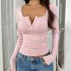 Ladies Autumn Winter Long Sleeve Square Collar Button Solid Color Slim Fit Pullover T Shirt Top