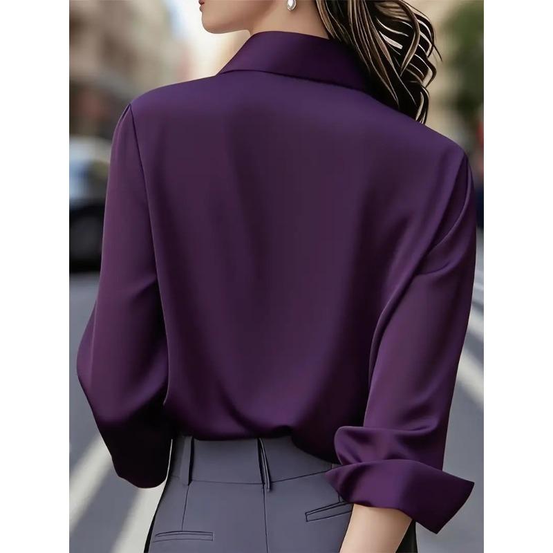 DAFIFY Women's Fashion Casual Spring Autumn Solid Color Print Long Sleeve POLO Neck Blouses & Shirts