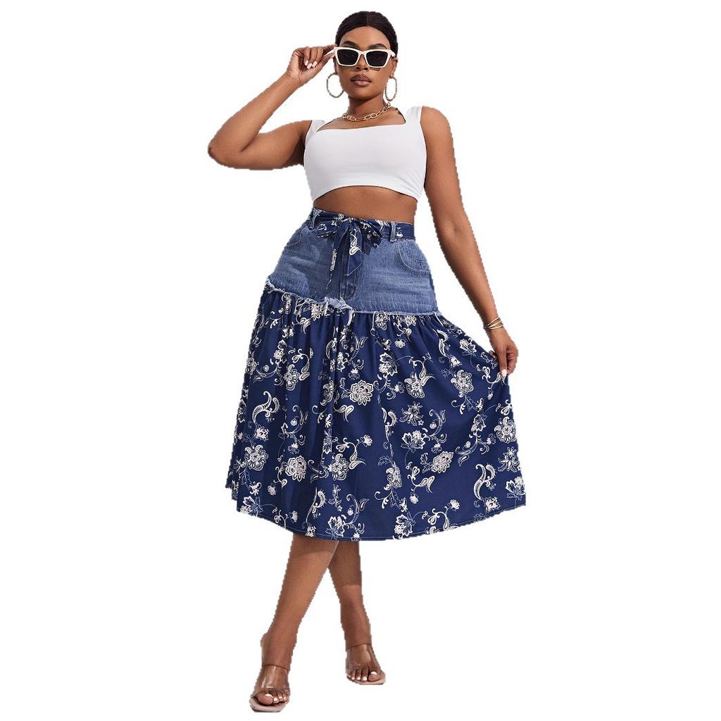 Gonne Midi in Denim da Donna Vita Alta Patchwork di Denim Chiffon Floreale Svasata Gonna in Jeans da Donna Lunga Elasticizzata Linea ad A Volant Svasata Gonna in Jeans Taglie Forti