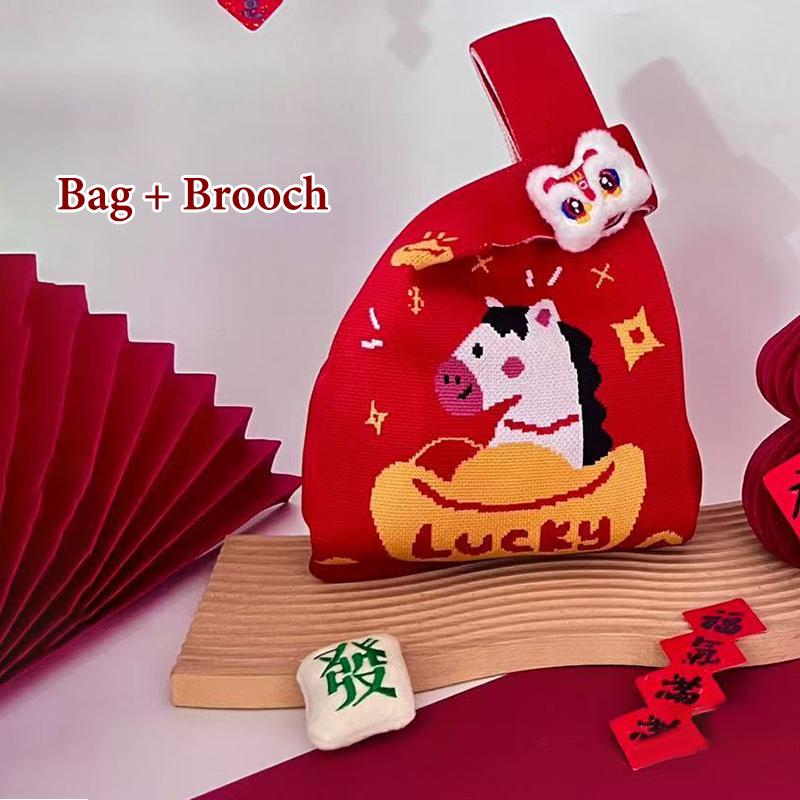2026 New Year Cartoon Mascot Pony Knitted Gift Bag Handheld Candy Bag Large Capacity Knot Wrist Bag Cute Reusable Shopping Bags