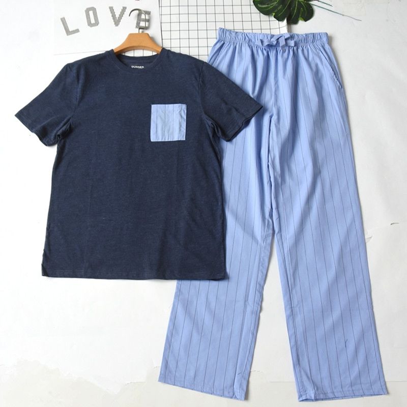 Foreign Trade Men's Plus size round Neck Short sleeve Trousers Pajamas Set Summer Thin Cotton Can Be Worn outside Casual Home Wear