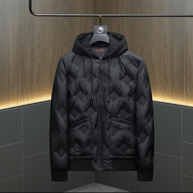 Мужская европейская станция Темная цветочная пуховая куртка с капюшоном - Съемный капюшон, Зимняя мода 2025 XL