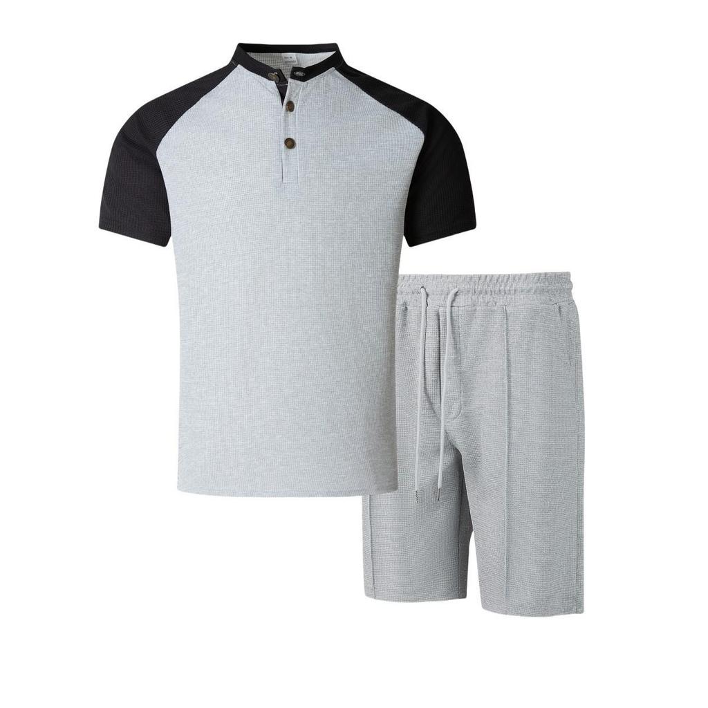 Men's 2025 Summer Color Block Suit: European/American Style Round Neck Tee & Shorts Set