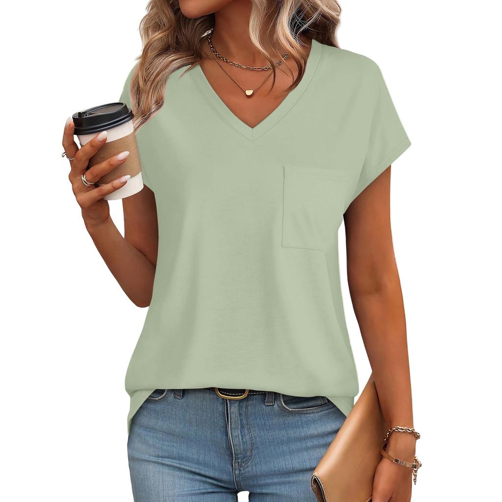 Women's Fashion Casual Slim Fit Waist Cap Sleeve V Neck T-Shirt Top