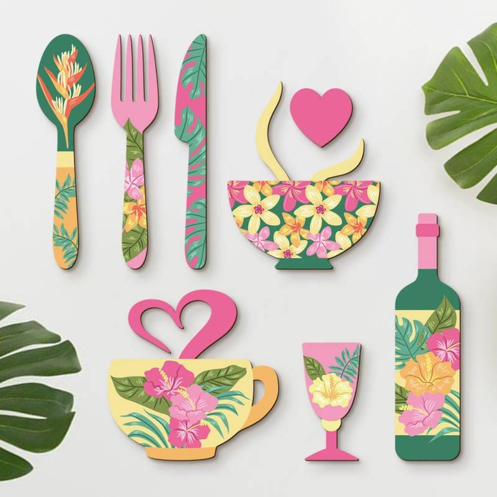 8PCS/SET Fork Wooden Wall Sticker Ornaments Retro Floral Coffee Element Wall Plaques Bar Decoration