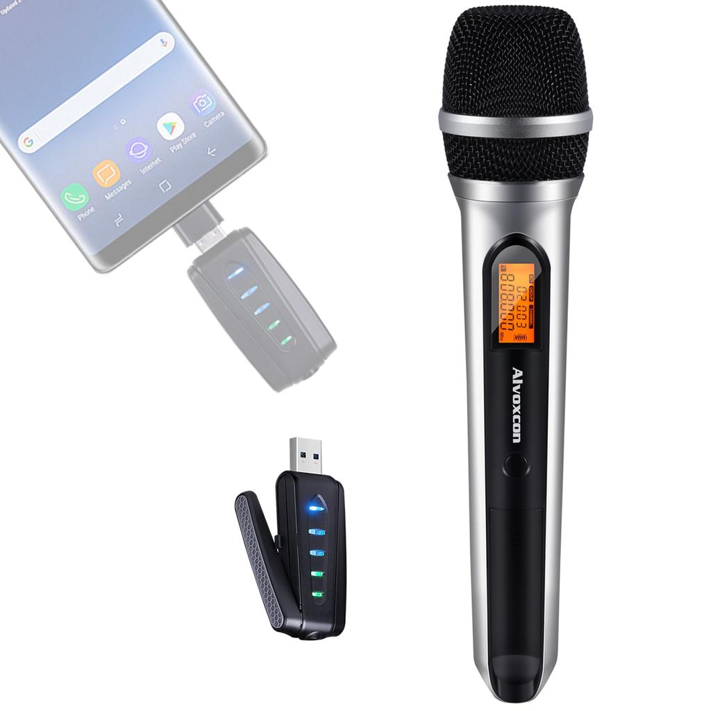 Bezdrátový USB mikrofon, sada ručních bezdrátových UHF mikrofonů Alvoxcon pro PC (MacWindows), Telefony s Androidem, notebooky, natáčení videa, nahrávání atd.